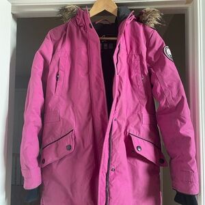 Black and Pink Hooded Parka with Fur Trim